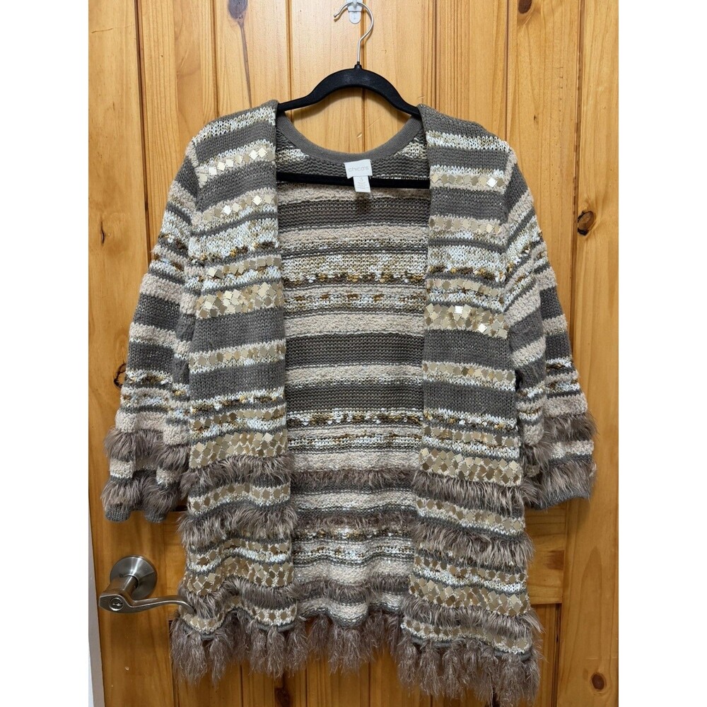Chico's Greta Cardigan Sz 3 XL Open Front Sequin Fringe Boho Hippie 3/4 Sleeve
